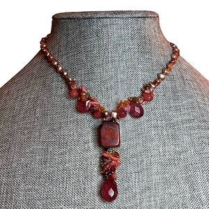 Handmade‎ Red Agate, Coral, Freshwater Pearls, Amethyst & Glass Beaded Necklace